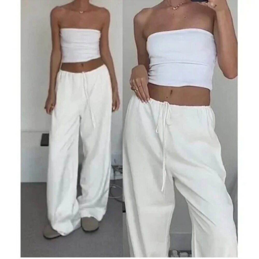 NEW HOUSE OF CB Cleo Drawstring White linen Pants Sz L